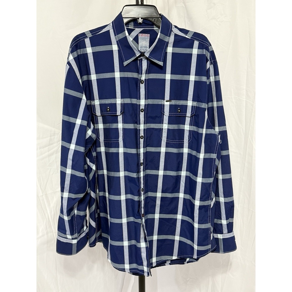 Izod Explorer Men's X-Large Blue Plaid Cotton Blend Button Front Long Sleeve